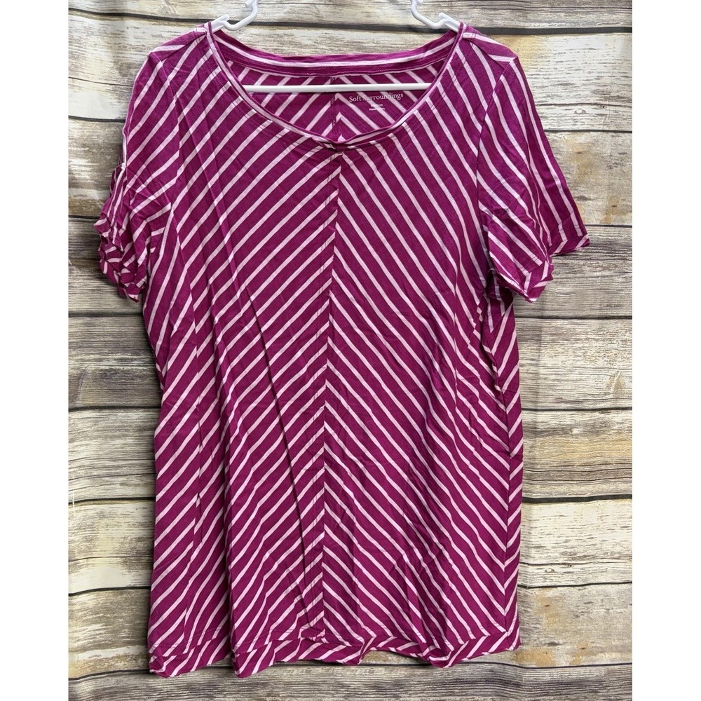 SOFT SURROUNDINGS Women's‎ Medium Indra Striped Tee Cotton Short Sleeve Fuchsia